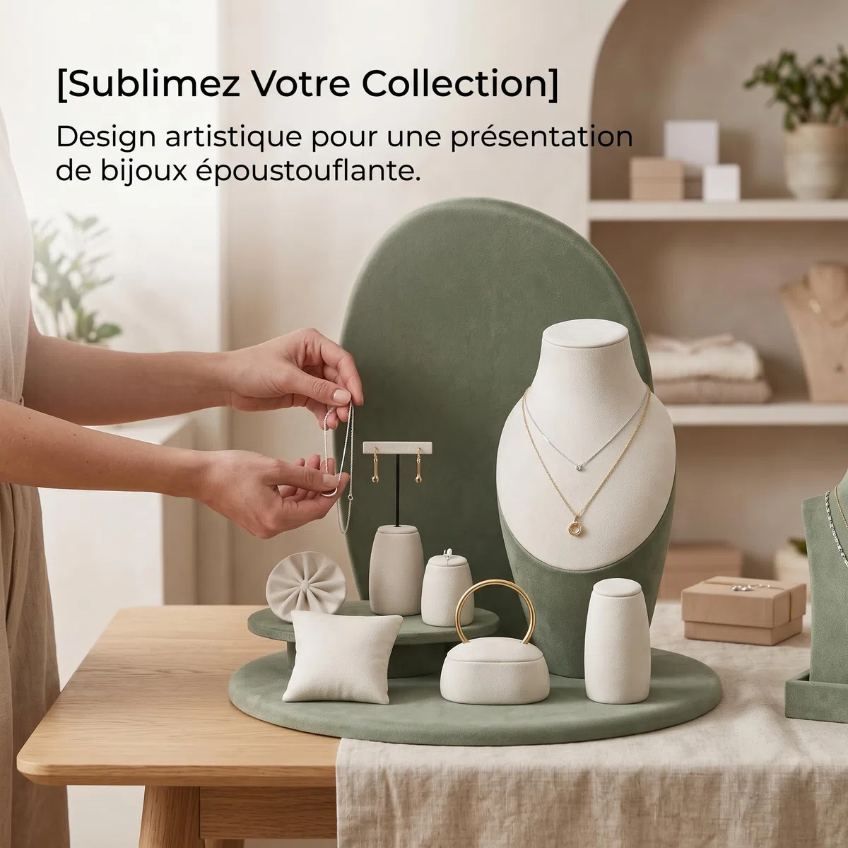Porte Bijoux et Présentoir à Bijoux en Velours à Trois Niveaux pour Colliers et Penntifs, Vert matcha
