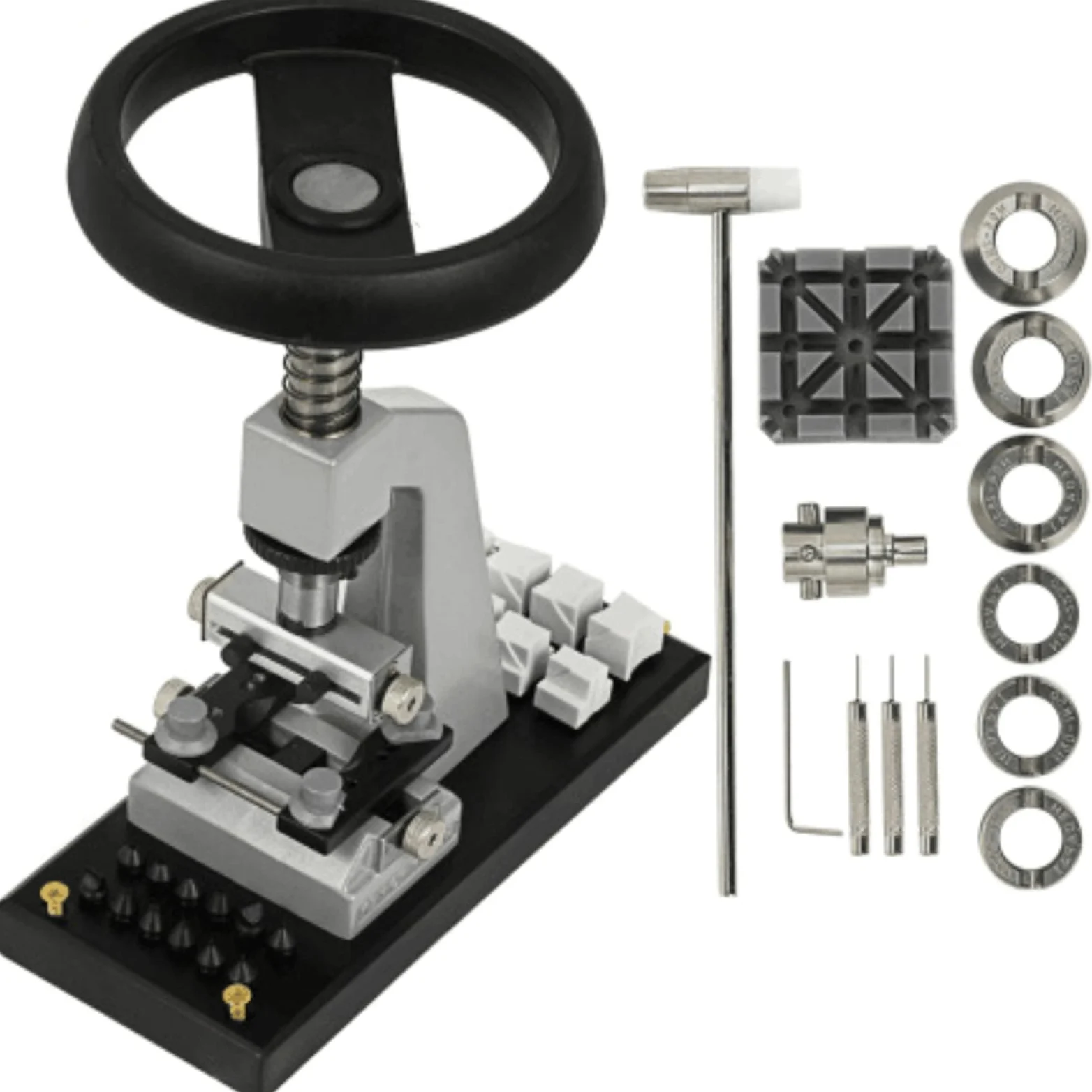 Colcolo Ouvre-boîtier de Montre Presse Outil pour Boîtier Presse Verticale Contrôlée Base Rectangulaire Antidérapante Tête Réglable Cadres et Montures, 5700 + 5538 + Kit De 5 Pièces
