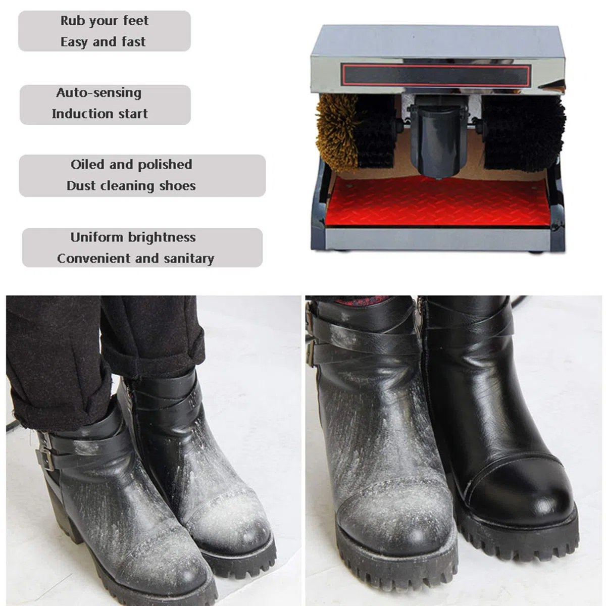 Machine à cirer Les Chaussures, Machine à cirer Les Chaussures électrique, Double Moteur, capteur Infrarouge, for Usage Domestique ou Commercial, for Le Cuir dans Hall de l'hôtel(Silver)