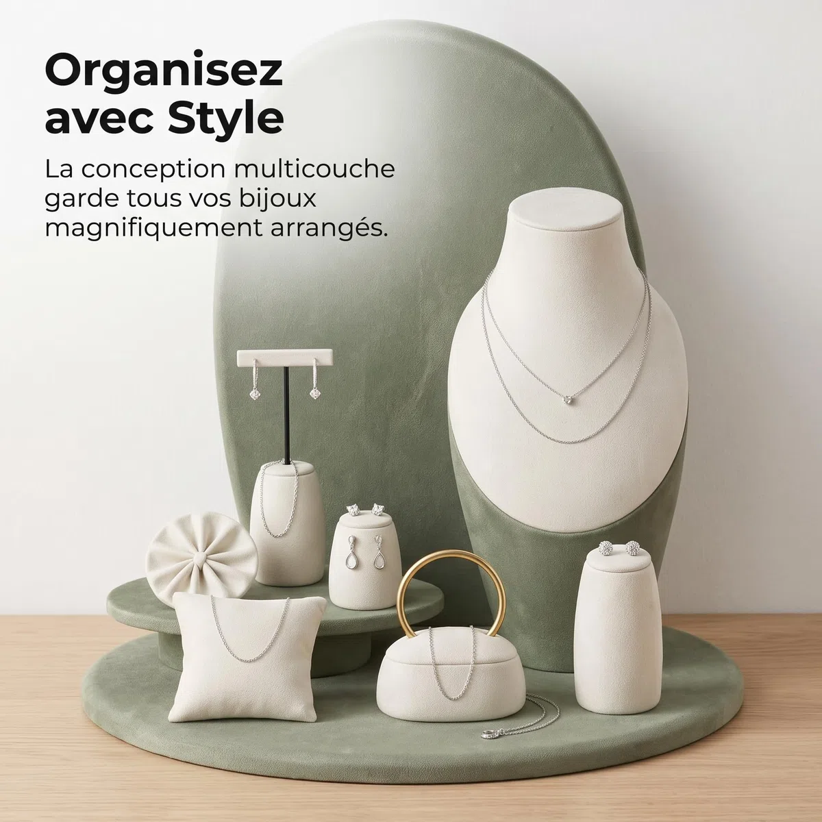 Porte Bijoux et Présentoir à Bijoux en Velours à Trois Niveaux pour Colliers et Penntifs, Vert matcha