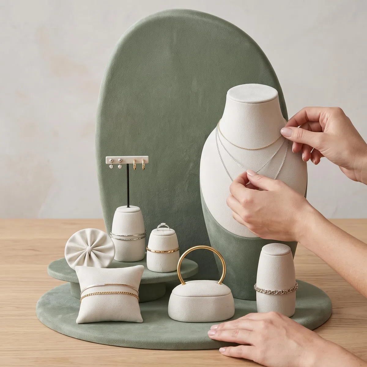 Porte Bijoux et Présentoir à Bijoux en Velours à Trois Niveaux pour Colliers et Penntifs, Vert matcha
