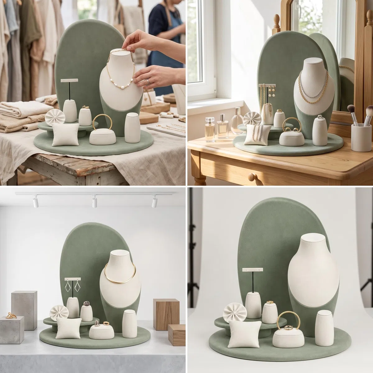 Porte Bijoux et Présentoir à Bijoux en Velours à Trois Niveaux pour Colliers et Penntifs, Vert matcha